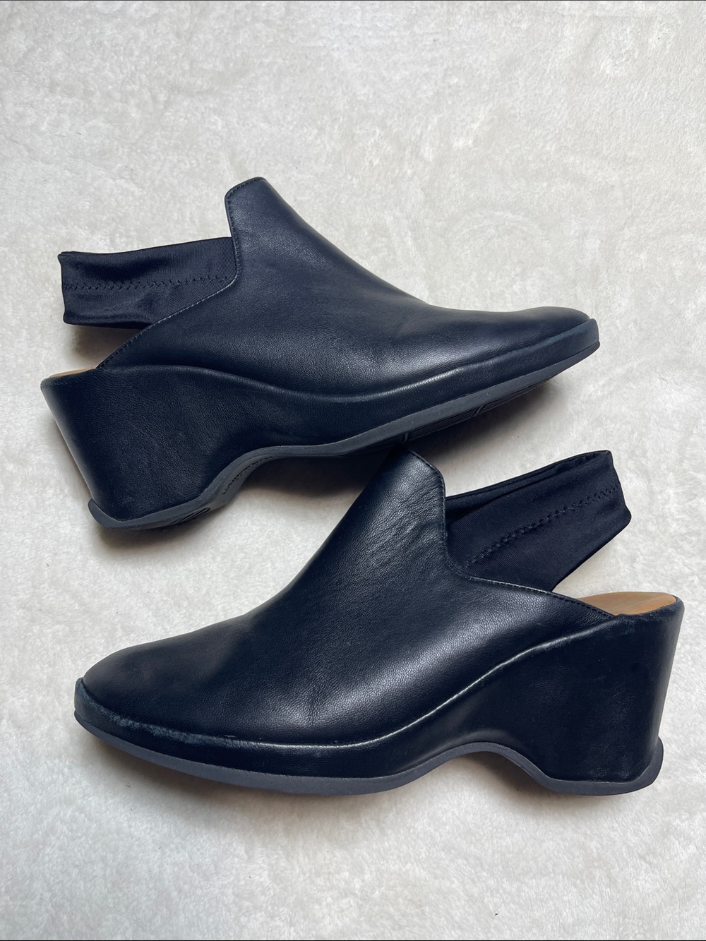 L’Amour Des Pieds Oniella Black Leather Slingback Clogs with Low Wedge Heel